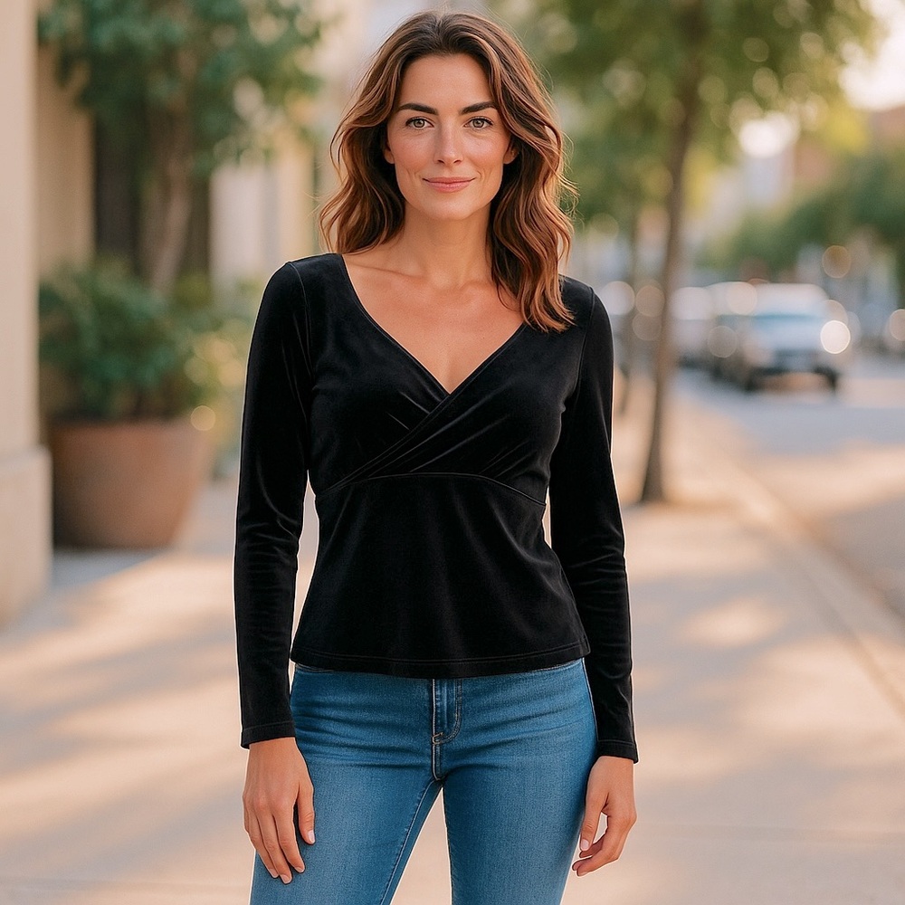 Black Velvet Heart V-neck Top | Sz S - Picture 3 of 15